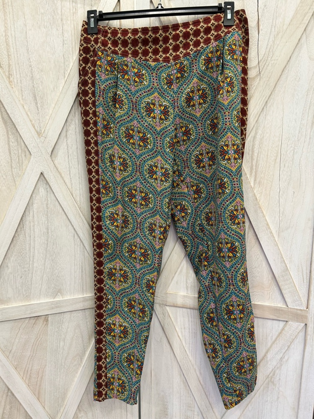Multi-Color Printed Trousers with Burgundy Trim